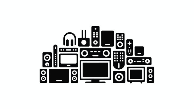 Collection of various electronic devices and gadgets in black and white arranged in a collage on a plain background