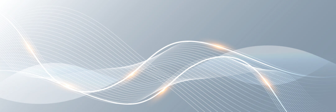 Abstract white wave lines with golden light on gray background, modern technology sound wave banner, elegant flowing line art design