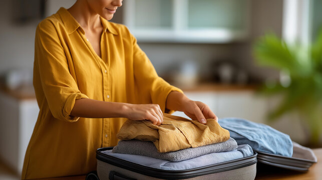 Woman trying to close an overloaded travel suitcase, humorous overpacking lifestyle concept, defocused background, with copy space