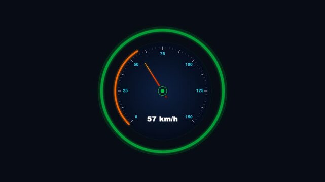 Speedometer animation accelerating from zero to 110 km/h with glowing neon dial needle and dynamic speed indicator