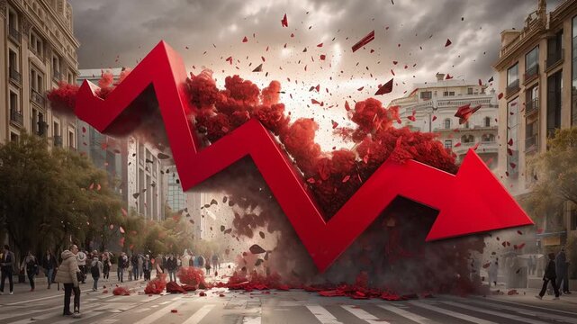 A large red decline symbol crashes onto a city street during a crisis. People walk by, unaware of the sudden explosion and its impact on the environment. Clouds loom overhead as debris scatters.