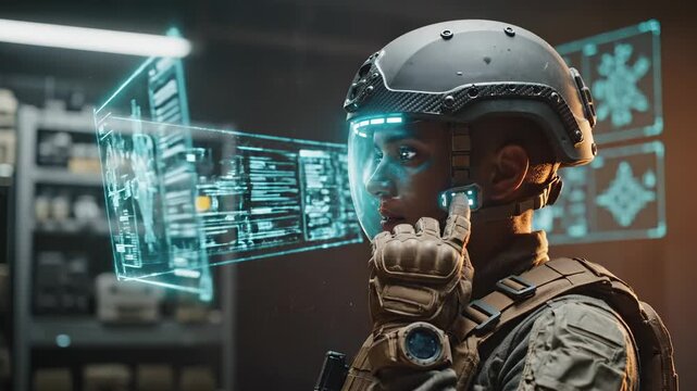 Soldier operates holographic display wearing helmet with tactical gear. Woman uses military interface with holographic data. Soldier touches display in futuristic command center with helmet technology