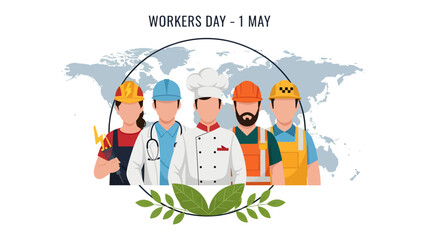 Obraz premium Workers' Day Celebration: Diverse professionals, including a doctor, chef, and construction worker, stand united on a global map, celebrating International Workers' Day with a symbol of nature.