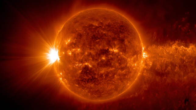 Extreme close-up of the sun's surface in ultraviolet, solar flare eruption