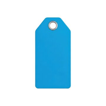 Bright blue price tag attached with a circular hole for hanging on merchandise