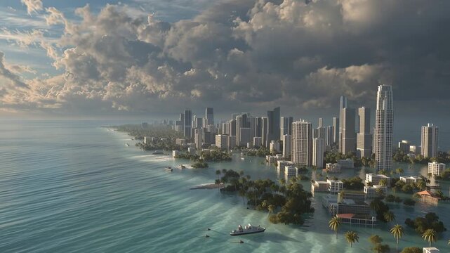 Coastal cities appear flooded as rising sea levels impact the landscape. Skyscrapers rise above the water while clouds gather in the sky, indicative of a changing climate.