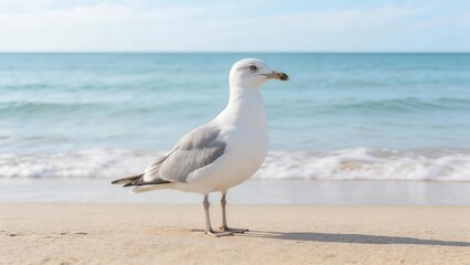 Fototapeta premium Seagull on sandy beach near ocean