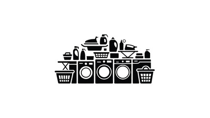 Fototapeta premium Laundry room essentials and appliances in a cluttered arrangement with washing machines and drying racks