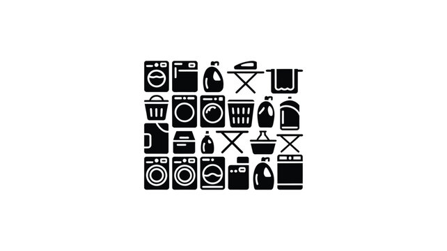 Laundry day essentials icons set including washing machines dryers irons detergent bottles and hampers on white background