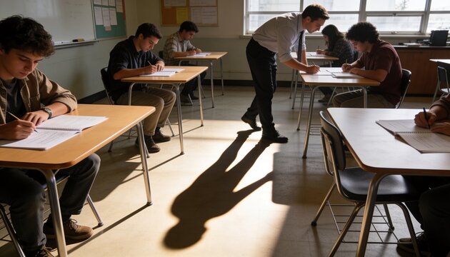 Leaning teacher in pale top and tie watching students taking tests at desks, casting window shadows
