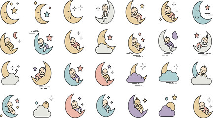 Obraz premium Cute baby sleeping on moon vector illustration set with infants, stars, clouds, and dreamy night sky elements for nursery and kids design.