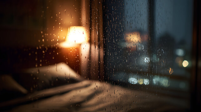 Raindrop window bedroom night lamp bokeh cozy mood