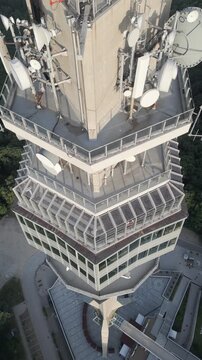 Close up drone shot of Avala tower in Belgrade, Serbia. Descending at a steep angle video.