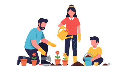 Gardening Family Bond: A family, united in a shared gardening activity, cultivates plants with tender care, reflecting the joys of nature and togetherness. © Abu
