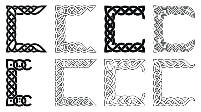 Eight unique Celtic knotwork corner designs for decorative borders and frame accents, intricate braided and interlaced motifs with traditional Celtic styling, vintage decorative corner elements, clean