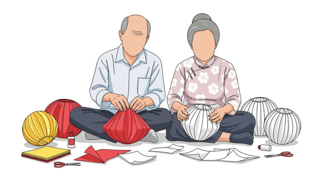Crafting Lanterns: A senior couple engrossed in the art of crafting delicate lantern, their hands working in tandem to bring light and color into the world.
