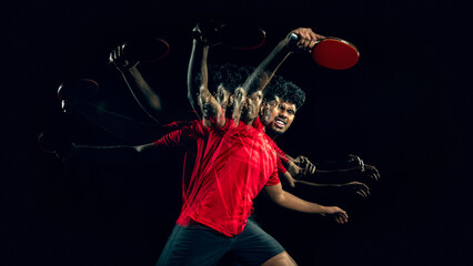 Fototapeta premium Table tennis player in extended motion sequence in dark studio with copy space. Concept of wide banner layout, sports advertising template, storytelling motion design and creative campaign visual.
