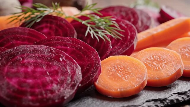 Freshly sliced beets and carrots arranged on a dark surface, healthy food.