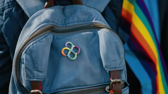 Blue backpack with colorful interlinked rings pin