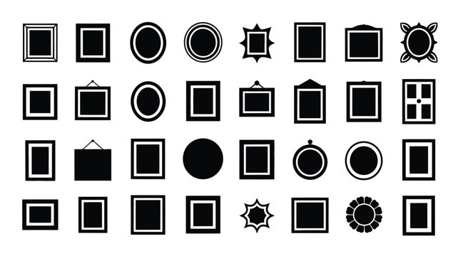 Collection of various black and white photo frame icons and shapes on a plain background for design and decoration purposes