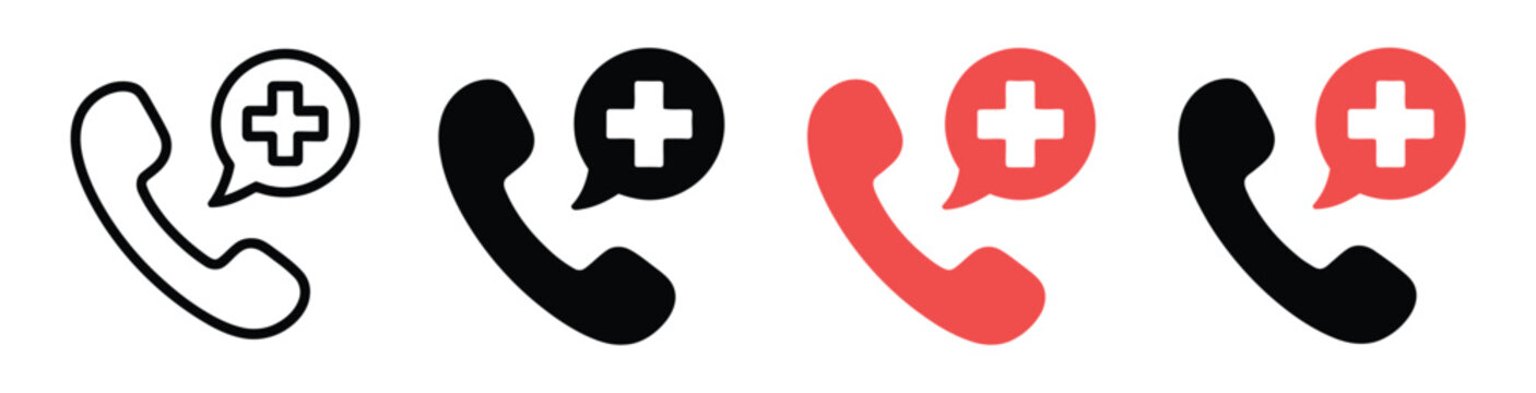 Emergency medical phone call icon set, urgent care communication symbols including ambulance call and medical contact icons, emergency hotline and telehealth elements, modern flat vector illustration 