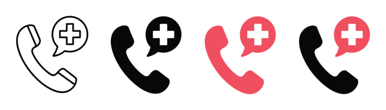 Emergency medical phone call icon set, urgent healthcare communication symbols, ambulance call and assistance request icons, emergency contact and telemedicine elements, modern flat vector 