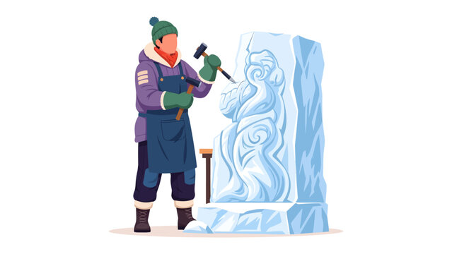 Artisan Ice Sculpture Creation: An artisan meticulously crafts an intricate ice sculpture, chiseling away at a large block of ice with precision.