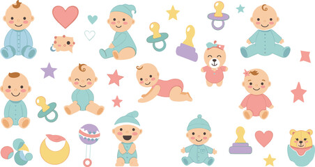 Obraz premium Cute baby characters and accessories vector illustration set with infants, pacifiers, toys, hearts, and pastel elements for nursery and kids design.