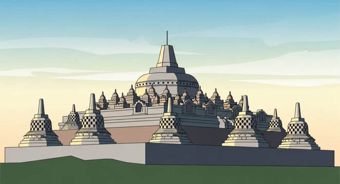 Borobudur Temple Illustration - A Detailed Architectural Rendering.