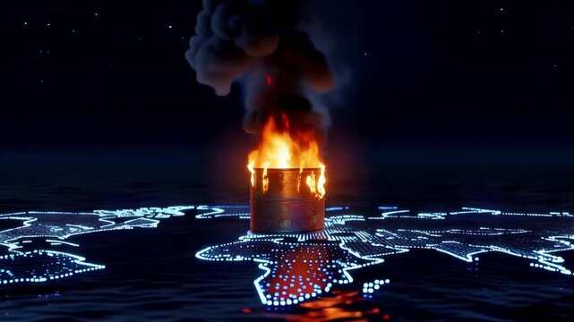 Dramatic Night View of Burning Fuel Drum on Ocean Map with Flickering Lights
