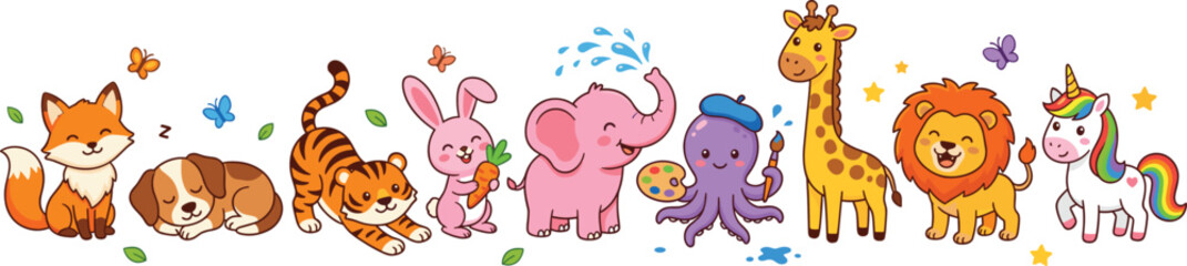 Obraz premium Kawaii Animal Vector Collection Featuring Cute Fox Dog Tiger Bunny Elephant Octopus Giraffe Lion and Unicorn Illustrations for Kids Stationery and Nursery Decor