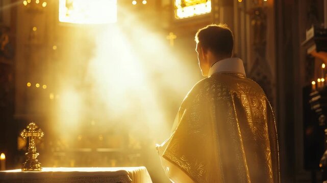 Catholic Priest in Church Sunlight