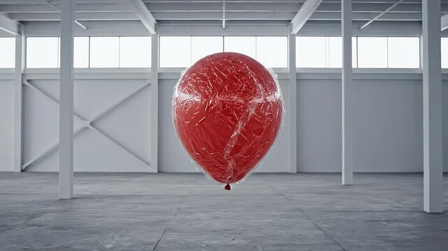 A bright red balloon wrapped in plastic floats in a large empty industrial space