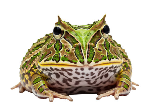Close Up Of A Green Frog With Yellow Accents And Brown Spots isolated on transparent background