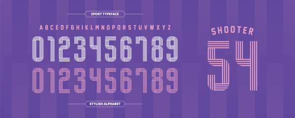 Shooter 54: Stylish sport typeface with striped line details and a modern athletic look. Includes complete alphabet and numbers, ideal for jerseys, team identity, and bold display typography. Vector i © Haqqani Slab
