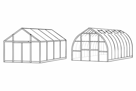 Line drawing of two greenhouse structures gable and quonset styles