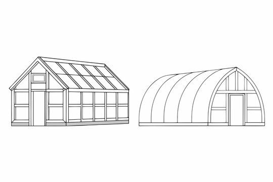 Line drawing of two greenhouse structures gable and quonset styles