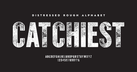 Catchiest: Distressed uppercase display font with bold, heavy letterforms. Features a grunge texture in black and white vector style. Perfect for posters, streetwear, and urban typography. © Haqqani Slab