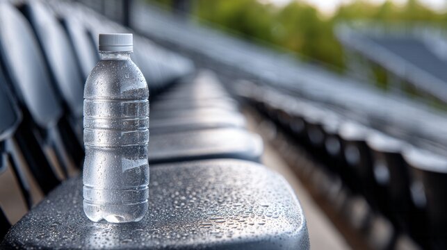Water bottle resting on stadium bleacher seat, refreshing hydration at an outdoor sports venue with condensation