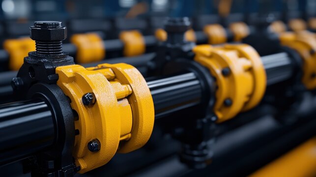 A row of industrial pipes with yellow couplings and bolts in a factory setting, showcasing mechanical engineering components.