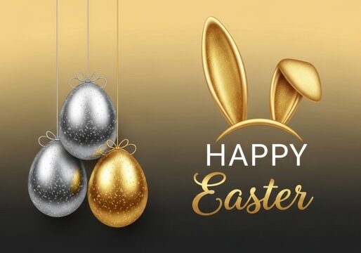 A luxury happy easter greeting card design featuring golden bunny ears and hanging metallic eggs