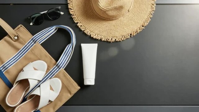 video of of summer essentials on gray cash register conveyor belt surface with tote bag,sandals,sunscreen, straw hat,sunglasses. themes of beach or vacation preparations, sun care,travel accessories