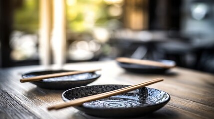 Fototapeta premium Empty ceramic plates with wooden chopsticks on a rustic wooden table, waiting for asian dining in a minimalist restaurant setting