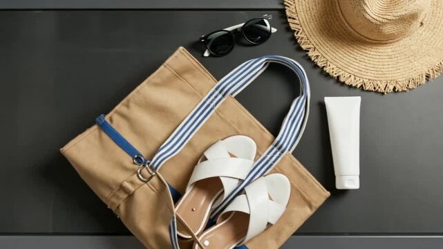 video of of summer essentials on gray cash register conveyor belt surface with tote bag,sandals,sunscreen, straw hat,sunglasses. themes of beach or vacation preparations, sun care,travel accessories