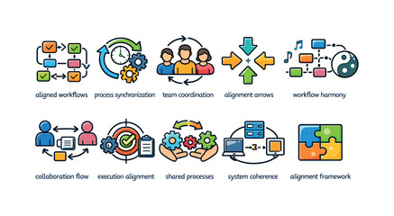 Fototapeta premium Collection of icons representing business processes, teamwork, and system alignment concepts