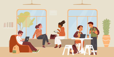 Diverse students relaxing and chatting during the break flat vector illustration.