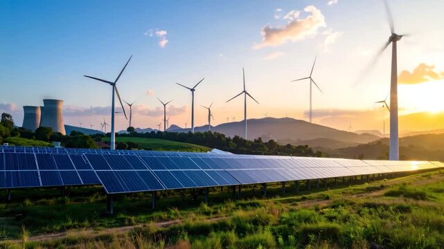 Renewable energy landscape featuring solar panels, wind turbines, and cooling towers, under a bright sky