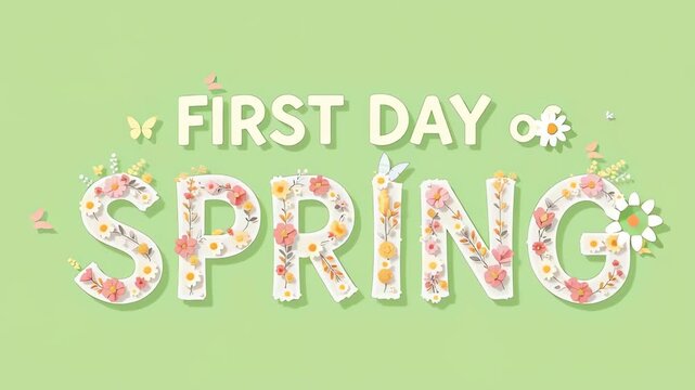 First Day of Spring Floral Text Animation with Butterflies and Flowers