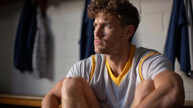 A football player sits on a bench in the locker room putting on his socks as he gets ready for an upcoming match. He looks focused and engaged in his preparations before the game starts.