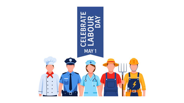 Labor Day Celebration: A diverse group of essential workers stand united, symbolizing the value of labor and the contributions of all workers, celebrated on May 1st.